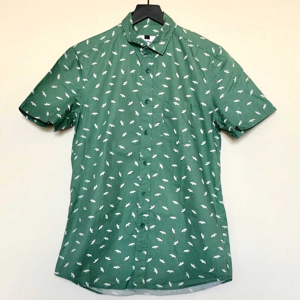 Topman Green Paper Boat Print Shirt Size Small